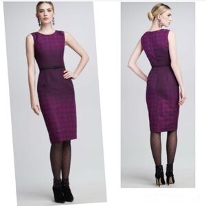 Oscar De La Renta Houndstooth Check Ombré Silk Dress Purple Sheath Pencil Luxury